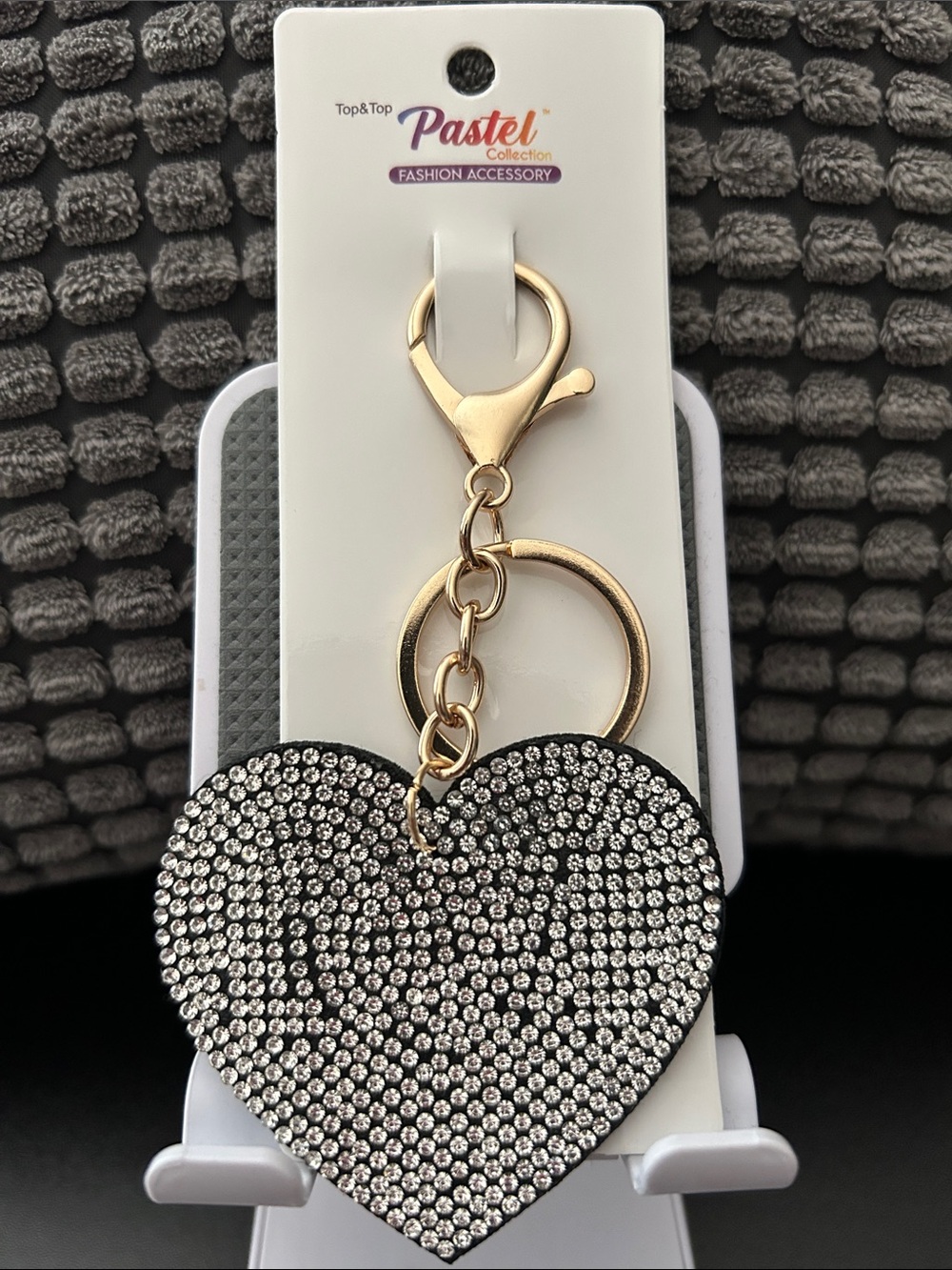 Gold LOVE Heart Keychain with Silver Crystal Accent - Picture 3 of 4